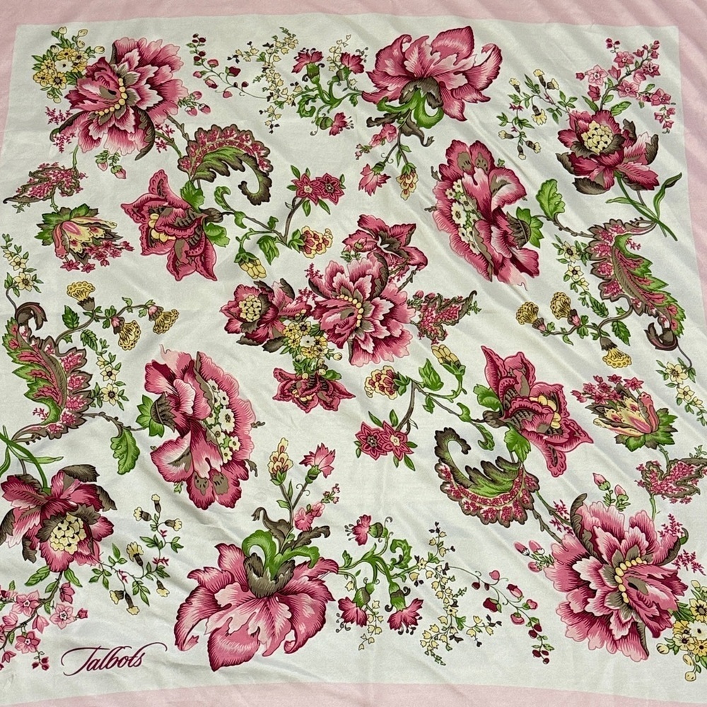 Talbots Pink and Green Floral Square Scarf 100% Silk Classic Feminine - Picture 2 of 5